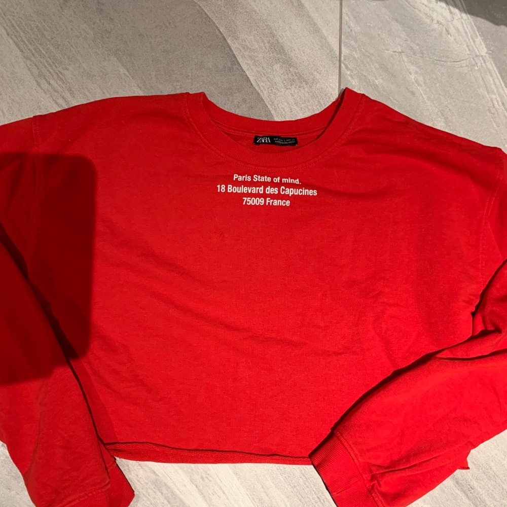 ZARA size large red cropped pullover with words